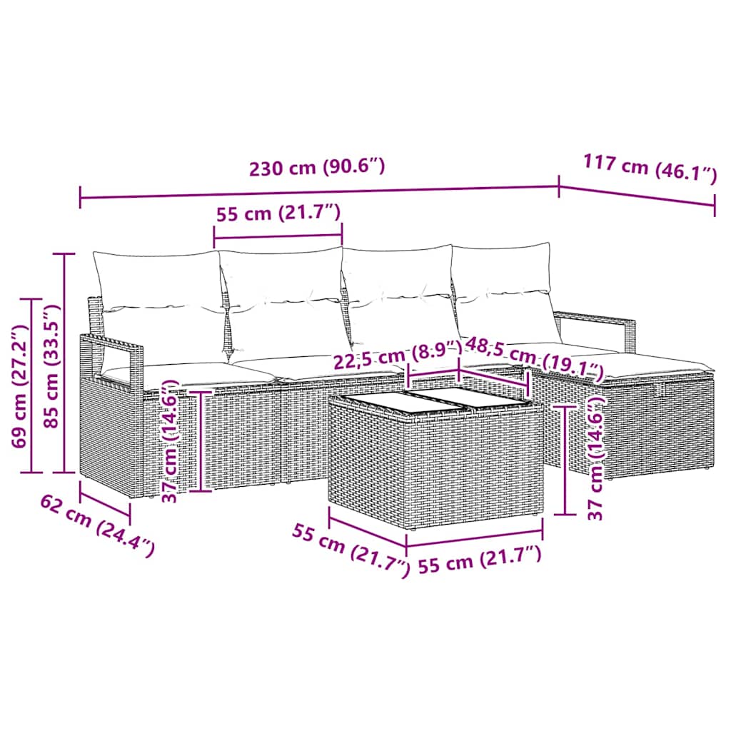 Garten-Sofa-Set 6 pcs Hellgrau 230 x 117 x 85 cm Poly Rattan